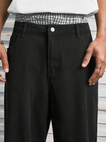 Modcrash 1pc Hearty Haven Washed Minimalist American Style Commuter Jeans For Men, Versatile Casual Loose Wide Leg Pants (No Belt Or Accessories) , Retro American, Unisex, Relaxed Fit Summer Outfits – Suitable For Everyday Wear And Summer Holiday Outfits. - Black - View 6