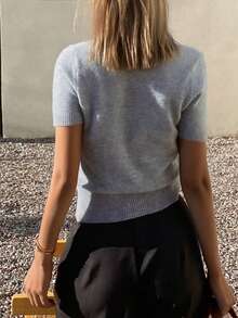 DAZY Women's Square Neck Short Sleeve Heart Embroidery Casual Elegant Knit Sweater - Grey - View 4