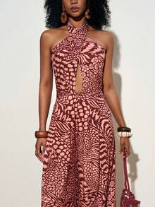 Zivah Mono informal de mujer con estampado todo sobre, con cuello halter y atar, adecuado para vacaciones y uso diario - Rojo - Ver 9