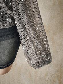 SHEIN ICON Plus Size Y2K Sequin Sheer Cover Up, Casual Sequin Loose Lantern Sleeve Vacation Cover Up, Suitable For Music Festival, Beach, Date - Grey - View 7