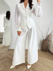 EURMUSE Women Spring Summer Suit Set Regular Fit Long Length Pant Wide Leg Elegant White Two Pieces Suit Set Blazer High-Waist Pants Office Guest Outfit - White - View 5