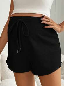SHEIN Maternity Casual Solid Color Adjustable Waist Shorts, Summer - Black - View 3