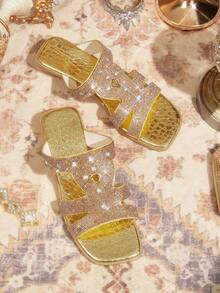CUCCOO TILAWA 1 Pair Women's Low Heel Flat Sandals, Glamorous Sequin Hollow-Out Strap Slide Sandals - Gold - View 1