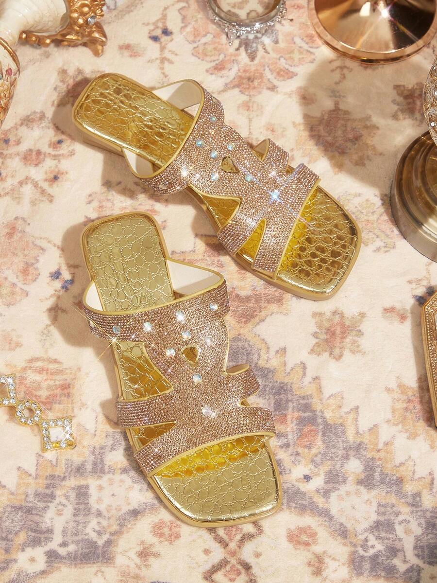 CUCCOO TILAWA 1 Pair Women's Low Heel Flat Sandals, Glamorous Sequin Hollow-Out Strap Slide Sandals - Gold - View 1
