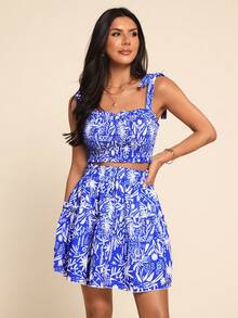 Coeurva 女士时尚休闲优雅浪漫度假印花两件套。宽松上衣搭配松紧腰半身裙，春夏蓝色度假连衣裙，适合娇小身材的女士度假晚宴连衣裙，蓝色连衣裙，短款蓝白碎花连衣裙，沙滩度假套装，女士两件套夏季套装，夏季半身裙套装，度假半身裙套装，蓝色两件套，女士无袖迷你连衣裙，Zanzea 女士连衣裙，女士两件套连衣裙，蓝白印花连衣裙 - 藍白色 - 查看 9