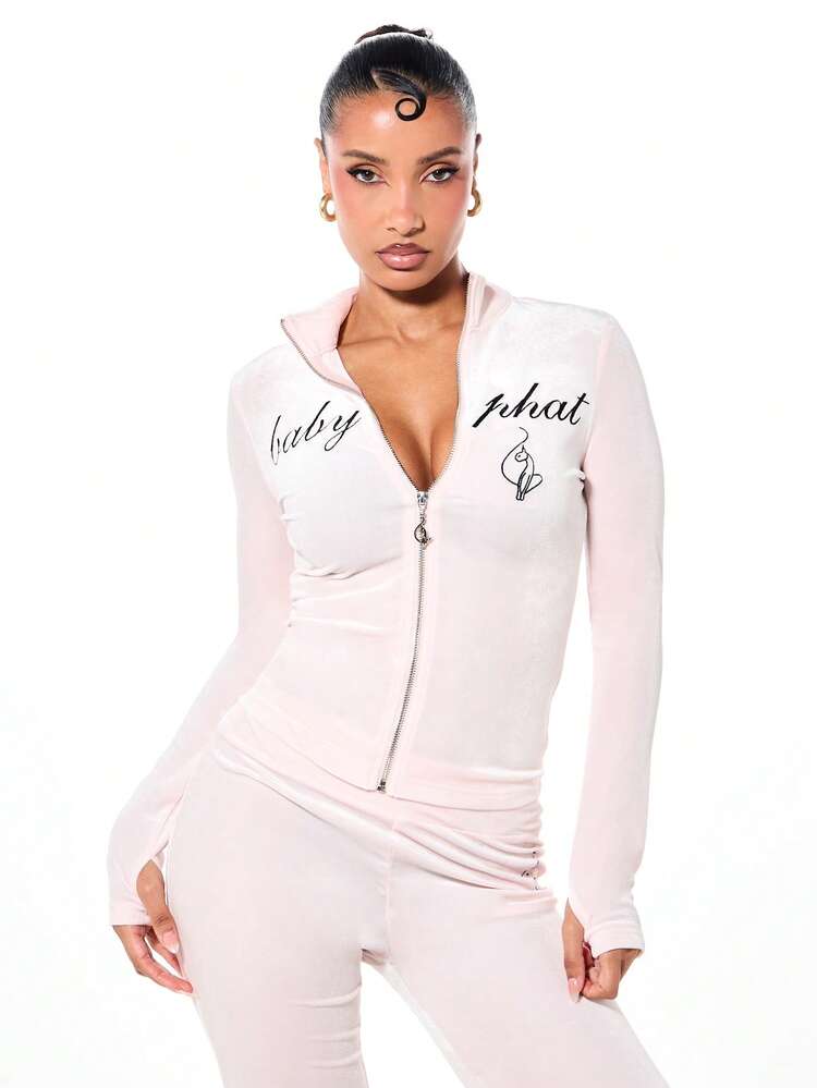 BABYPHAT Top de Veludo com Gola Alta, Manga Longa e Zíper, com Texto em Estilo Cursivo, para Conforto no Outono e Inverno