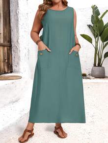 EMERY ROSE Vestido sin mangas de unicolor talla grande, casual para vacaciones - Agua verde azul - Ver 6