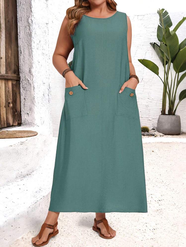 Plus Size Sleeveless Solid Color Dress, Casual Vacation