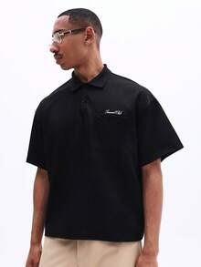 SUMWON Áo polo nam tay ngắn cổ điển với logo thêu, cổ bẻ, thích hợp mặc mùa hè, chơi golf, mặc thường ngày, dáng regular fit. - màu đen - Xem 4