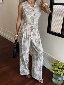 DAZY Women's Casual Floral Print V-Neck Faux Pocket Vest And Wide Leg Pants 2-Piece Set, Summer - Grey - View 4