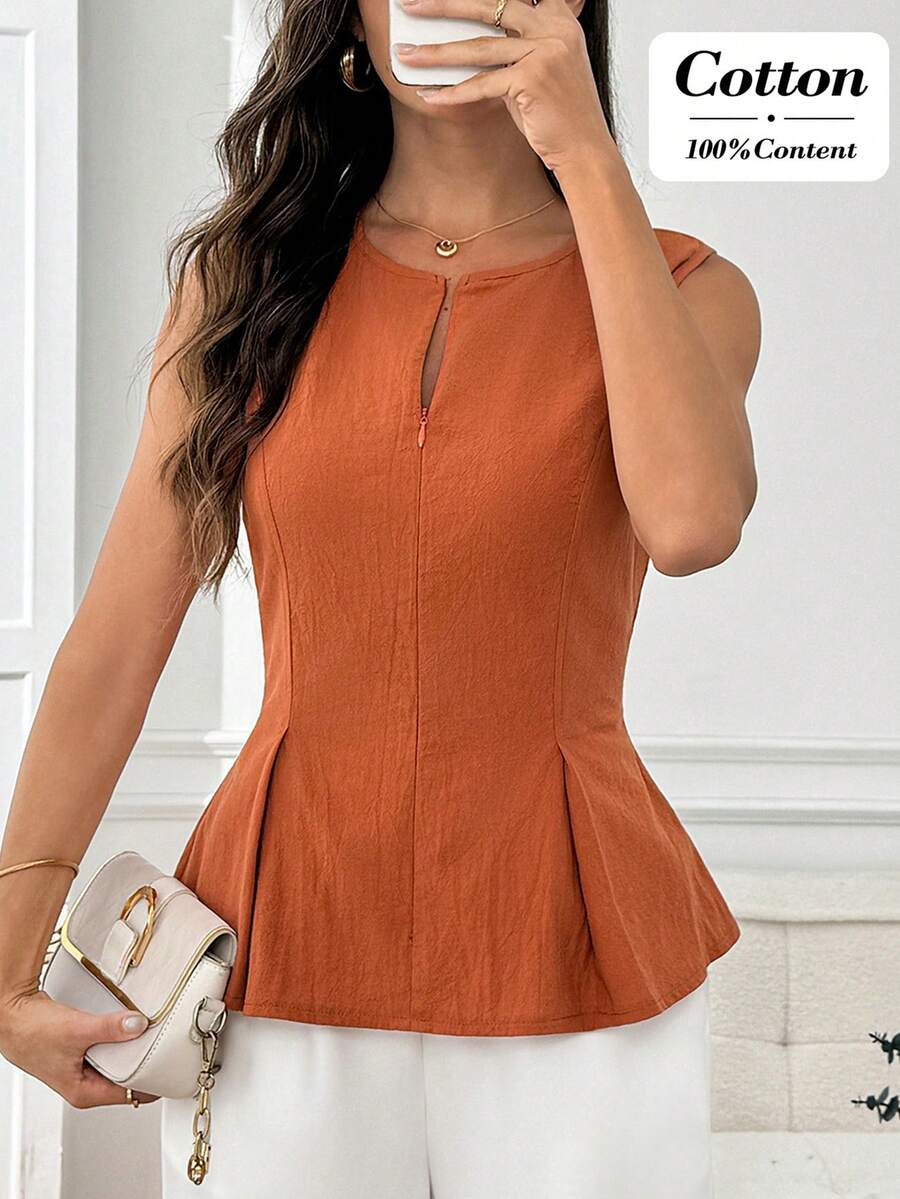 Miaspire Áo kiểu nữ không tay, màu trơn, khóa kéo phía trước, vạt áo xếp ly. - Rỉ Nâu - Xem 1