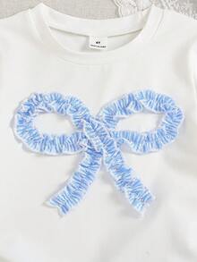 SHEIN 2件套女童圆领荷叶边蝴蝶结短袖上衣+松紧腰蓝色条纹宽松短裤，休闲可爱甜美套装，适合夏季日常外出、旅行、度假、野餐、游乐园等场合。 - 淺藍色 - 查看 6