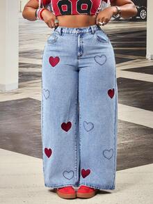 Slaydiva Plus Size Women's Casual Versatile Washed Denim Wide Leg Pants With Pockets & Heart Embroidery - Blue - View 4