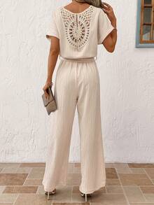 SHEIN Clasi Waist Cinching Hollow-Out Knit Jumpsuit, Suitable For Casual Daily Wear Or Vacation - Khaki - View 4