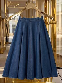 GlowEve Women's Single-Breasted Pleated Casual Versatile Daily Wear Denim Skirt - Blue - View 2