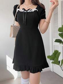 FRIFUL 女士方领蕾丝拼接蝴蝶结腰带A字长连衣裙，甜美夏日风连衣裙 - 黑色 - 查看 7