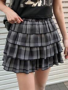 FRIFUL 女士松紧腰多层格子裙 - 黑與白 - 查看 1