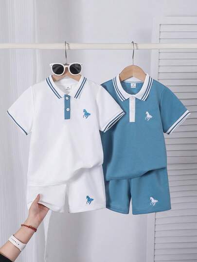 SHEIN Genkimix Kids 2 Sets Boys' Jacquard Ribbed Collar Short Sleeve Shorts 4-Piece Outfit, White & Blue Striped Collar With Horse Embroidery, Collegiate Minimalist Casual Comfortable Boys' Summer Set Boys Polo Shirts Pants Sets Toddler Boys Polo Shirts Shorts Set Boy Shirt Set Short Sleeve Shorts Set Boy Outfit Sets Boy Summer Sets Boys Clothes Set Boys Polo Shirt And Shorts Kids Casual Wear Retro Outfit For Kids Childrens Clothes Young Boys Clothes Kids Polo Shirt Set