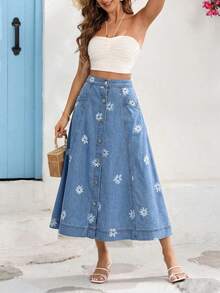 Vivid Eden Nuova gonna di jeans da donna, vita alta, stampa floreale, monopetto, gonna di jeans casual di media lunghezza, blu, gonna casual da vacanza estiva e primaverile per donne - Blu lavato medio - Visualizzare 1