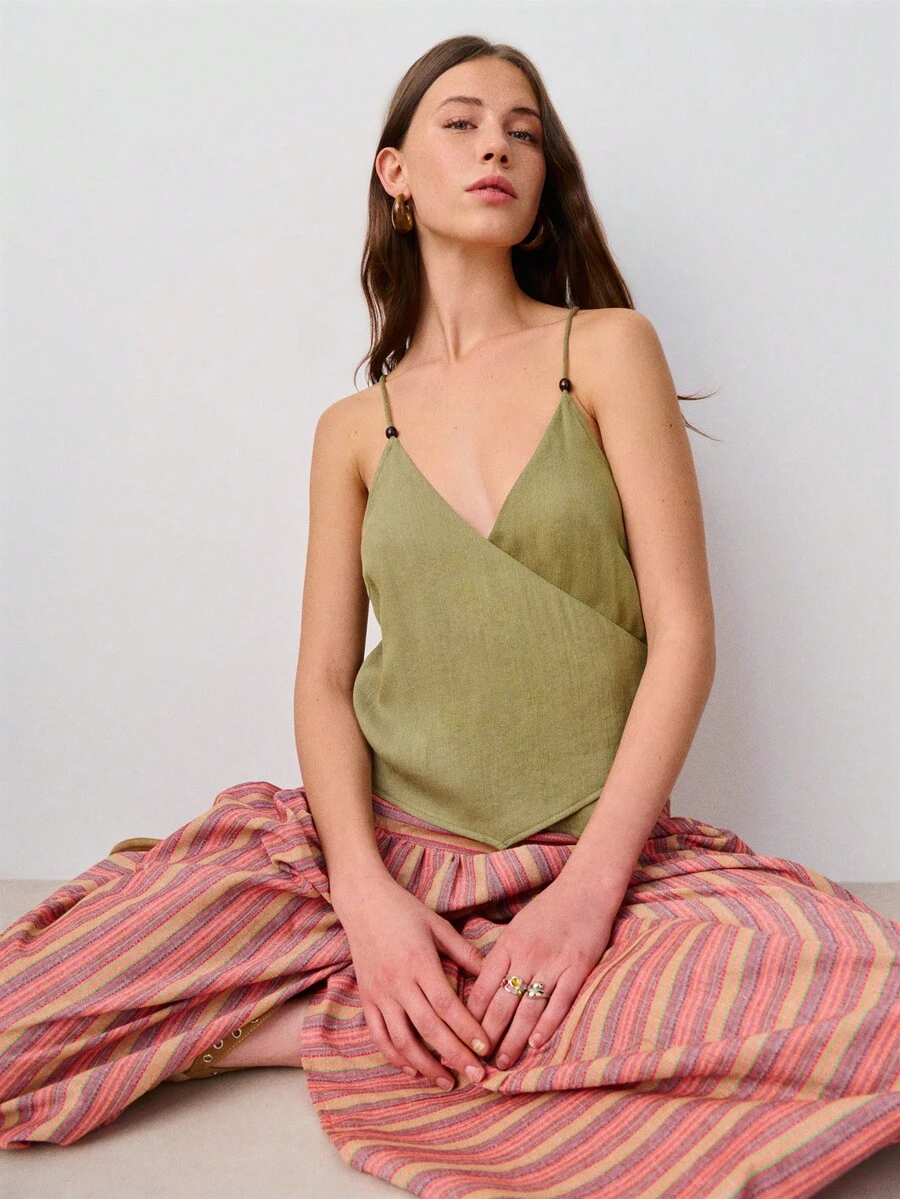 Nöista Olive Green Sleeveless Halter Top Features A Wrap-Front, Straps With Wooden Bead Details Front And Back. Spring, Summer, Easter, Boho, Festival. - Army Green - View 1