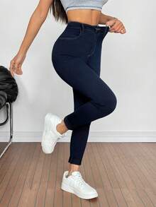 SHEIN PETITE Women's Casual Everyday Pockets Button Denim Jeans - Dark Wash - View 5