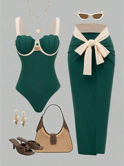 Swim Oasis 2026 Primavera/Verano Mochila de mujer para vacaciones en la playa, estilo casual retro de lujo con decoración de concha de metal de color contrastante, taza de concha, falda larga con lazo lateral, conjunto de mono de 2 piezas de alta gama