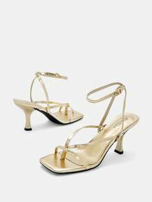 Glitzique 女士高跟凉鞋，方头绑带露趾设计，性感优雅舒适，细带露趾高跟凉鞋，多带交叉踝带高跟凉鞋，夏季派对晚宴凉鞋，时尚细高跟凉鞋，奢华系带高跟凉鞋，标准尺码 - 金色 - 查看 11