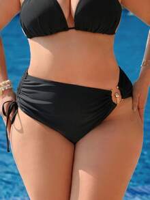 Swim Lushoire New Plus Size Women High Waist Drawstring Solid Black Triangle Bikini Bottom With Metal Decor - Black - View 5