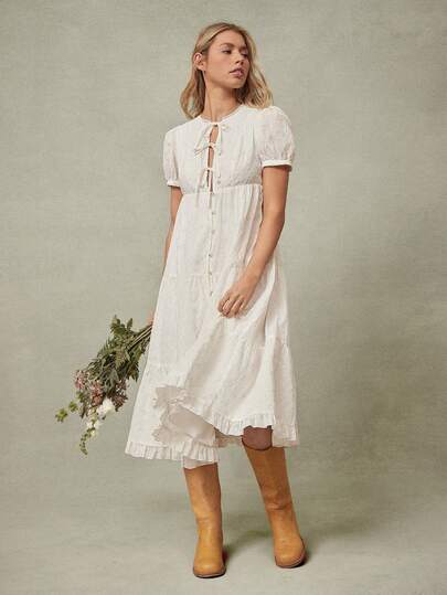 WESTFADE Tie Front Puff Sleeve Bow Back Tiered Button Front Ruffle Hem Eyelet Babydoll Midi Dress Winter, Spring, Resort, Valentine's Day, Casual, Cute, Boho, Western Wear For Women, Nashville, Vacation
