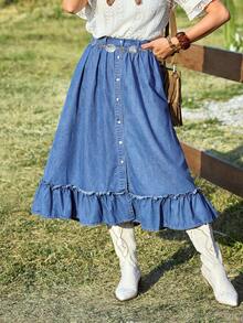 Breezaya Semesteravslappnad denimkjol med knappar och volang framtill - Blå - Visa 1