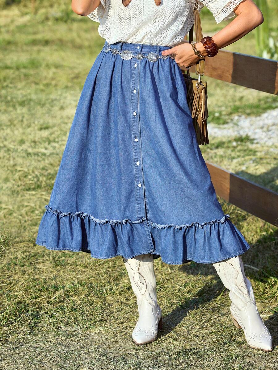 Breezaya Semesteravslappnad denimkjol med knappar och volang framtill - Blå - Visa 1