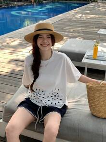 DAZY 女士圆领度假风韩版清新夏季T恤 - 白色 - 查看 5