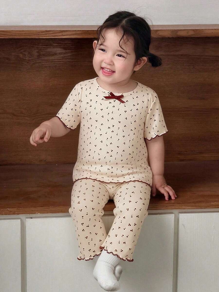 DAZY 2件套女婴圆领印花韩版蝴蝶结长袖上衣和裤子睡衣套装 - 杏色 - 查看 1