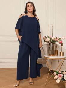 EMERY ROSE 大码女式优雅不规则下摆露肩上衣和裤子两件套，带口袋，春夏款 - 藏蓝色 - 查看 9