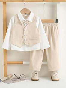 SHEIN Bộ đồ 3 món cho bé trai/bé gái màu trắng kiểu quý ông gồm áo sơ mi dài tay, áo phông, áo vest và quần, trang phục thanh lịch phù hợp cho mùa xuân/hè, ở nhà, đi chơi, tiệc sinh nhật, lễ rửa tội, sinh nhật lần thứ nhất, lễ kỷ niệm, khách dự đám cưới, phù rể, người giữ nhẫn. - Màu be - Xem 3