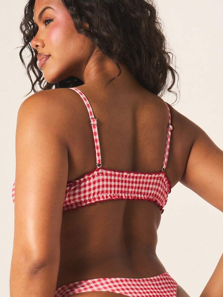 MISSGUIDED Gingham Print Thong With Bow Detail Summer Bikini Bottom Checkered Pattern Underwear Intimate Lingerie