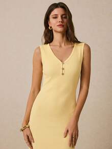 Poéselle Sleeveless Solid Color Slim Fit Dress, Summer - Yellow - View 5