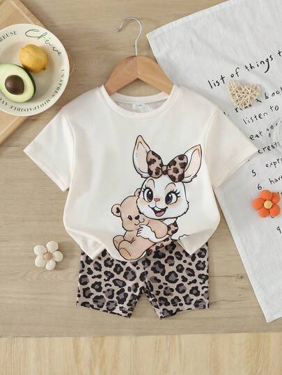 SHEIN Baby Girl Summer Casual Cartoon Print T-Shirt And Leopard Print Shorts Set