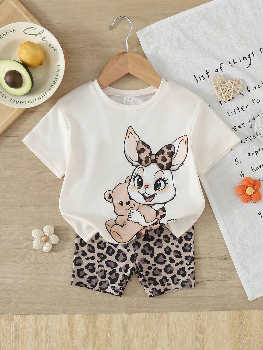 SHEIN Baby Girl Summer Casual Cartoon Print T-Shirt And Leopard Print Shorts Set - Multicolor - View 1