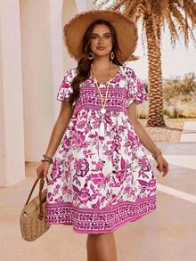 EMERY ROSE Vestido casual de vacaciones con estampado floral de talla grande - Rosa Fucsia - Ver 4