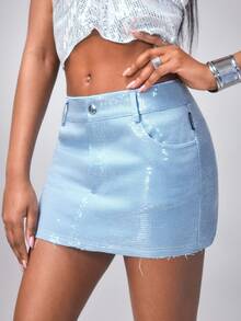 Y2Kool Chân váy mini giả denim đính hạt, phong cách Y2K tối giản, gợi cảm, phù hợp cho nữ mặc hàng ngày, du lịch, hẹn hò, dự tiệc, lễ hội, ngày Valentine, mùa xuân/hè. - Màu xanh lam - Xem 6