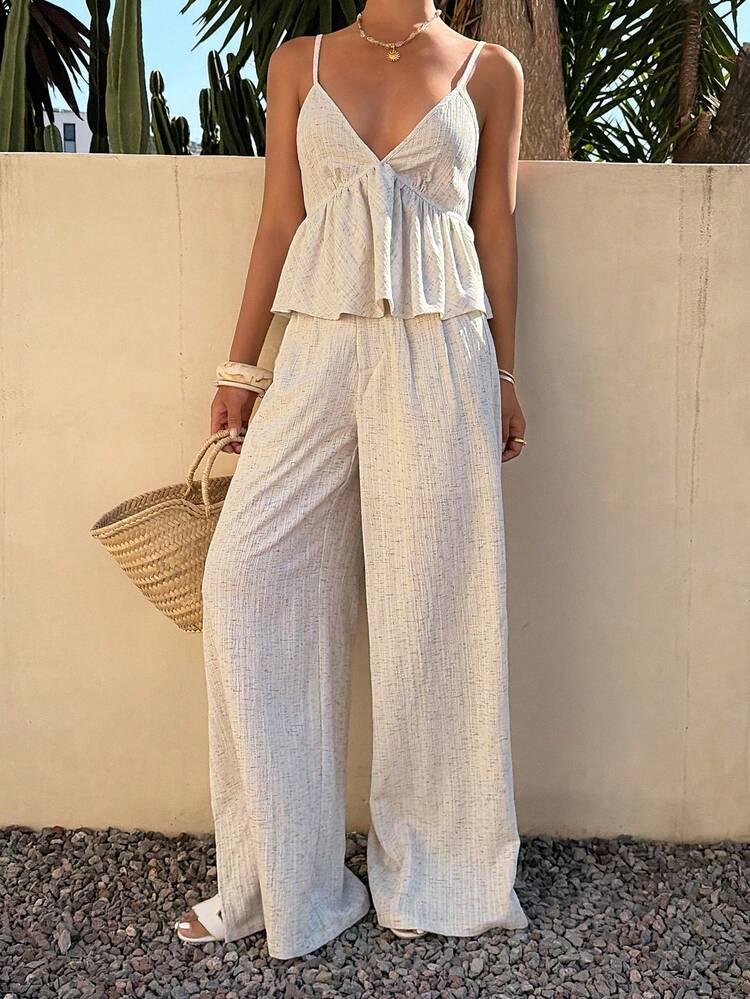 Women's Casual Spaghetti Strap Split Leg Wide Leg Pants 2 Pieces Set, Summer