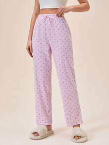 Loomlin Women Cotton Pink With Contrast Colour Striped Heart Patterned Fake Drawstring Detail Long Homewear Casual Cute Sleep Bottom Pants - Pink - View 5