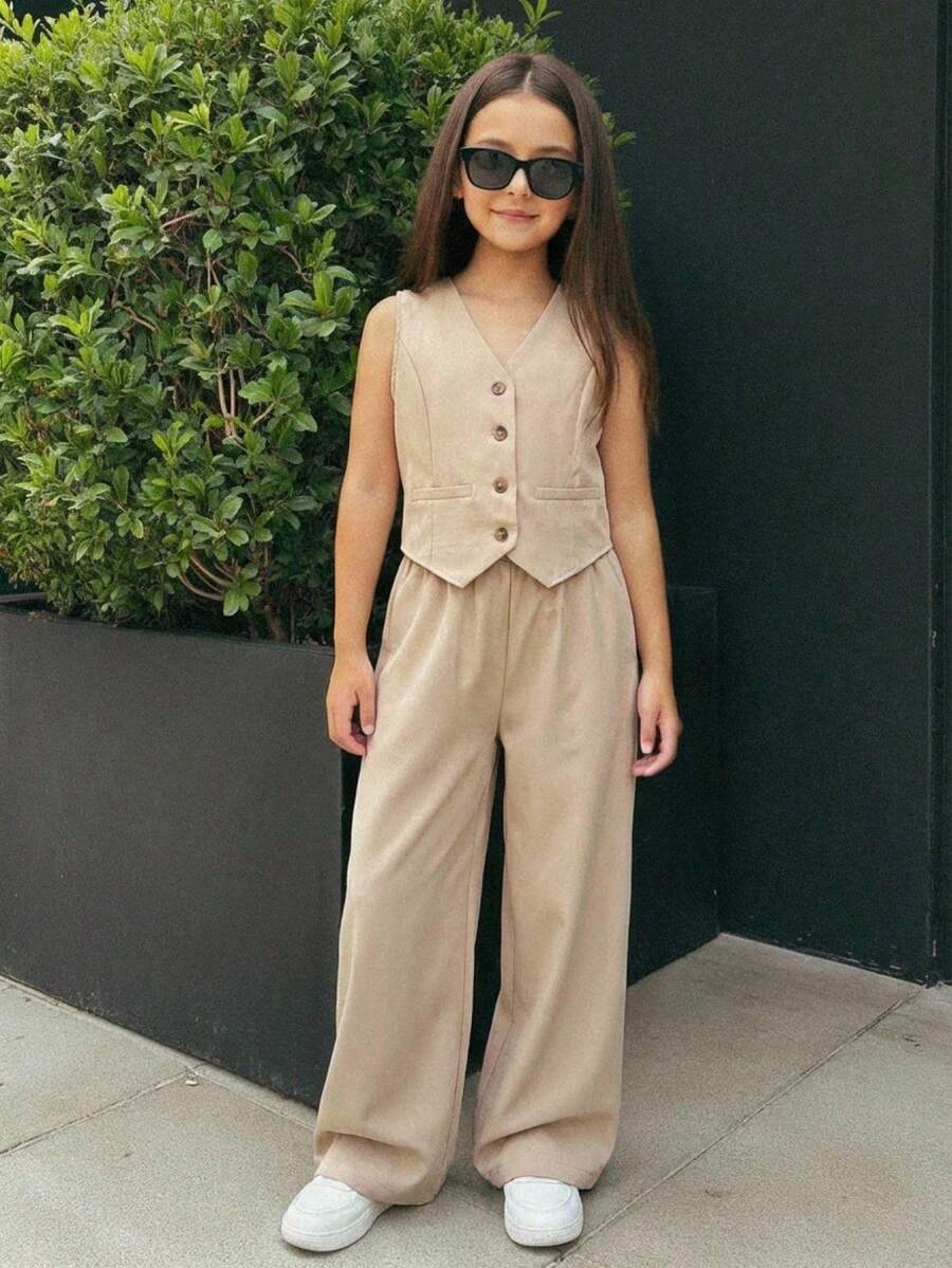 Firerie Kids Firerie Kids Bộ đồ thể thao thường ngày thanh lịch cho bé gái tuổi teen, màu trơn, gồm áo vest không tay cài cúc phía trước và quần ống đứng, màu kaki. - Màu Khaki - Xem 1