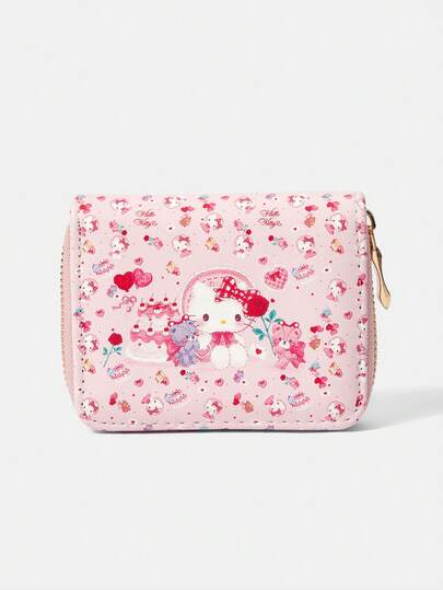 HELLO KITTY AND FRIENDS | SHEIN 1个玫瑰爱心猫图案简约拉链零钱包，适合女性使用。