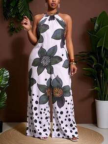 Veslaya Slayr 大码几何印花无袖阔腿连体裤，休闲度假风 - 綠色 - 查看 6