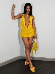 Slaydiva Spring/Summer Vacation, Beach, Elegant, Romantic, Sexy Party, Date, Birthday Party, Casual And Elegant Halter Neck Swing Collar Tassel Women's Short Dress - A - Yellow - View 5