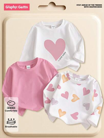 SHEIN 3-Pack Infant/Toddler Unisex Long Sleeve T-Shirt Set, I Love Mom Letter & Heart Print, Casual Comfortable Crew Neck Tops, 6 Months - 3 Years, Suitable For Spring, Autumn, Winter Baby Girl Clothes Long Sleeve Baby Girl Clothes Spring Fall