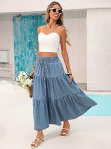 Vivid Eden 女士度假牛仔裙，荷叶边裙摆，腰带，波点图案 - 淺色水洗藍 - 查看 5