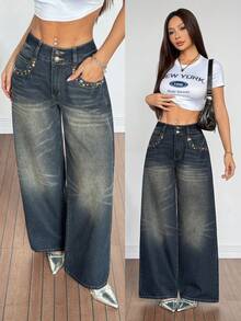 SHEIN PETITE Women's Pocket Button Casual Versatile Daily Wear Wide Leg Jeans - Black - View 2